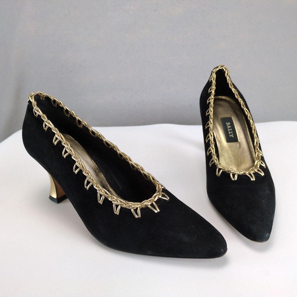 Vintage Bally Chiffon Black Suede Pumps Womens 8 Gold Trim 3" Heel Made Italy